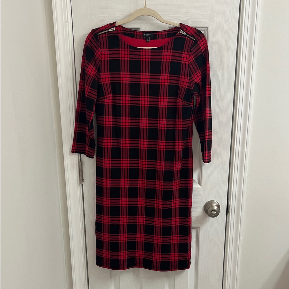Talbots Red and Black Plaid 3/4 Length Sleeve Dress